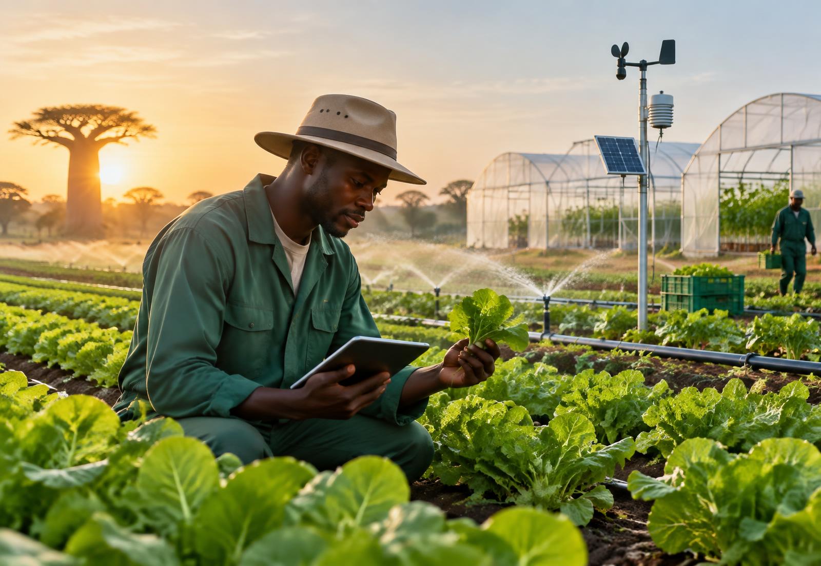 Agriculteur dans un champ irrigué au coucher du soleil